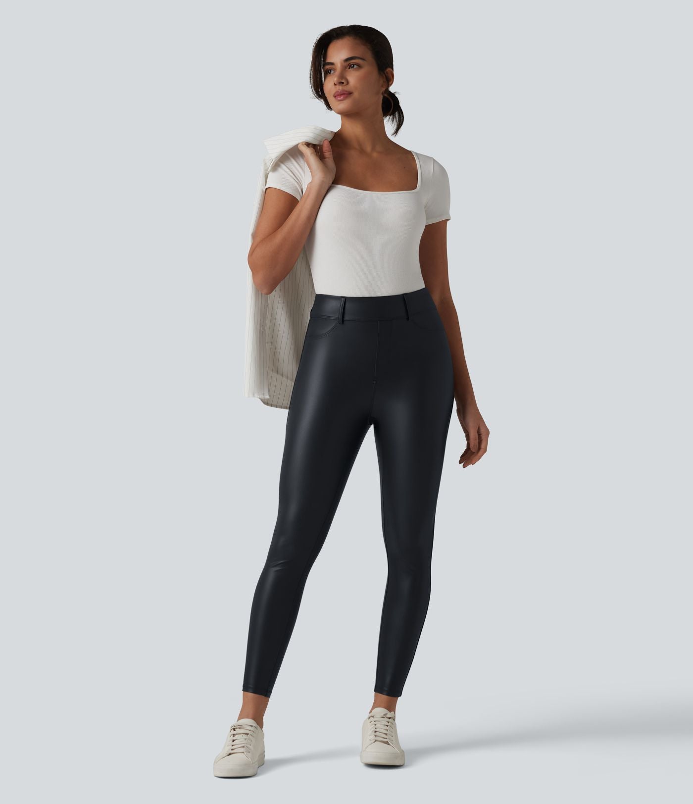 Legging 7/8 casual taille haute extensible en simili cuir avec poches