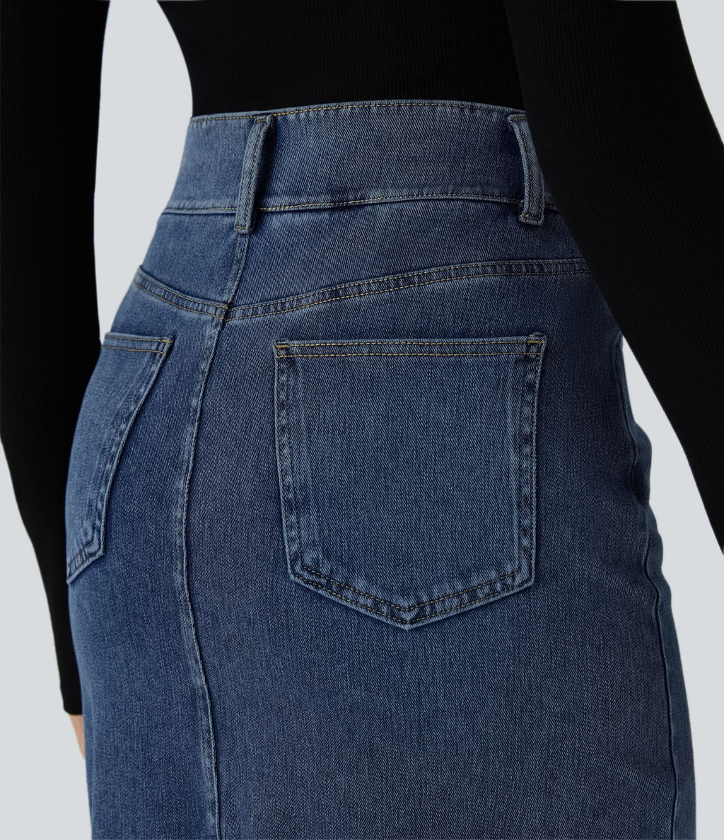 Halara Flex™ Jupe en Jean Midi Casual Tricot Extensible Taille Haute Poches Multiples