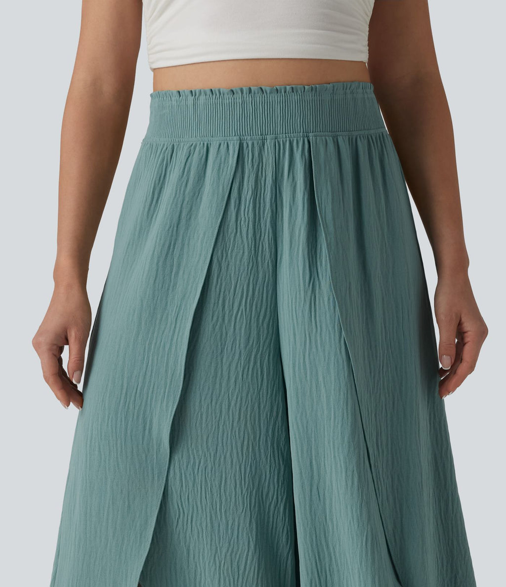 Pantalon large fluide décontracté taille haute aspect lin