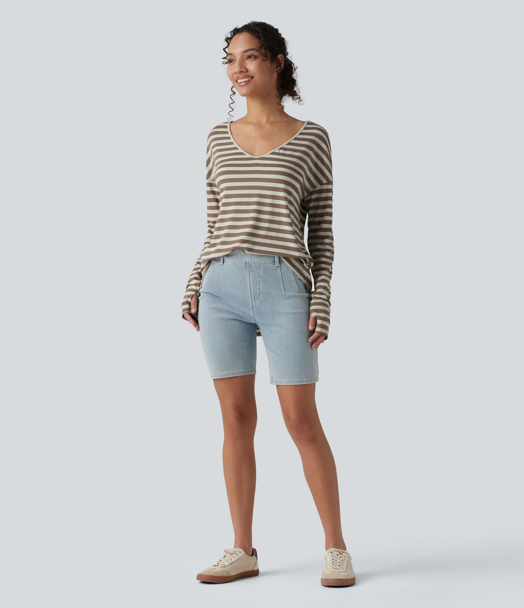 T-shirt ample décolleté plongeant manches longues à rayures et trous pour les pouces - Réversible devant et dos