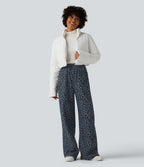 Pantalon léopard velours côtelé imprimé coupe droite mop taille haute avec poches