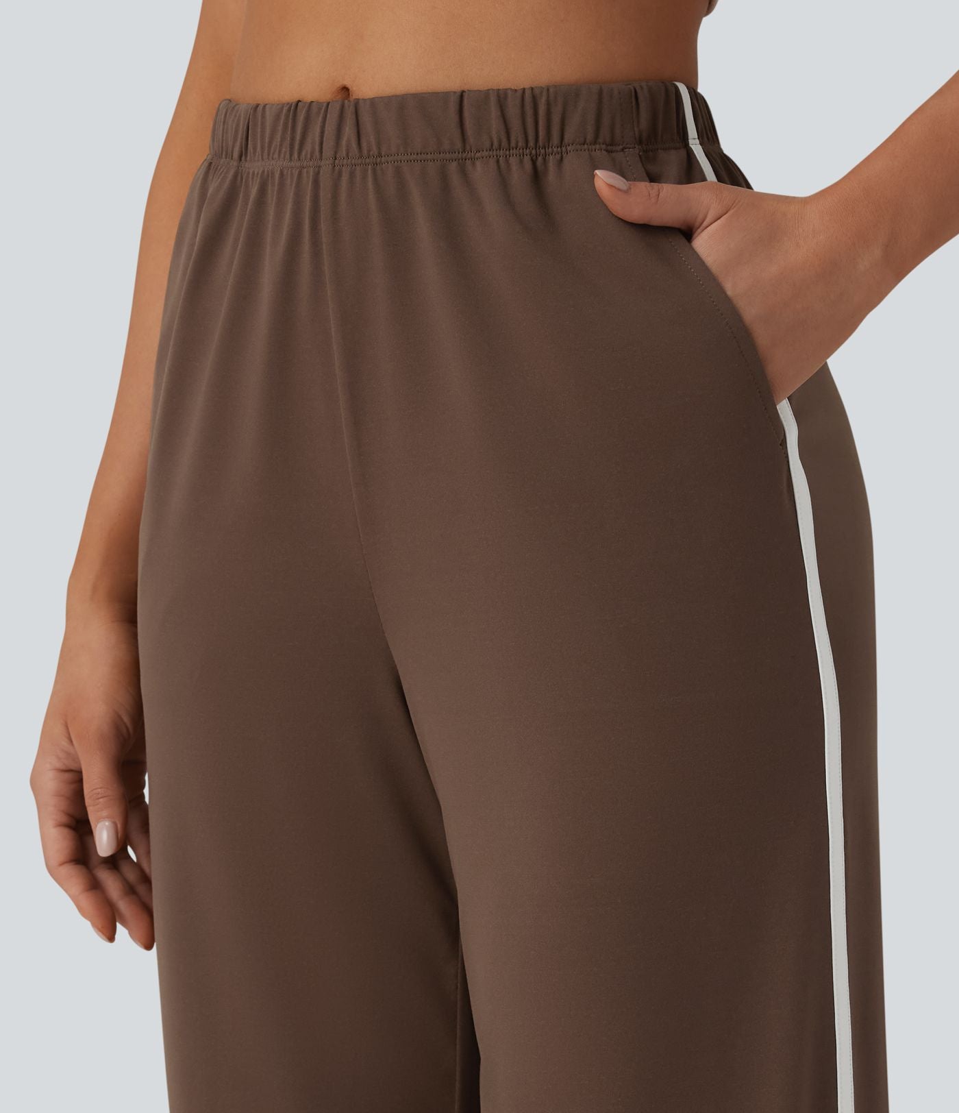 Pantalon large casual color block taille haute à ourlet arrondi avec poches