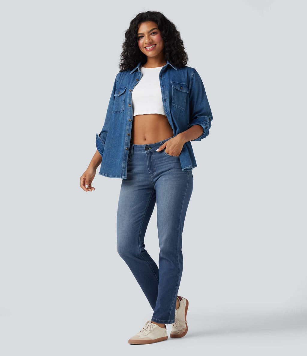 Jean décontracté Halara Flex™ taille basse à jambes droites avec bouton, fermeture éclair, multiples poches, effet délavé en maille extensible