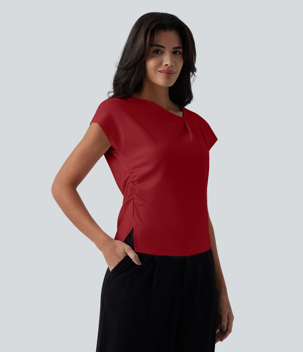 Blouse tailleur asymétrique col drapé manches courtes avec fronces et ourlet fendu
