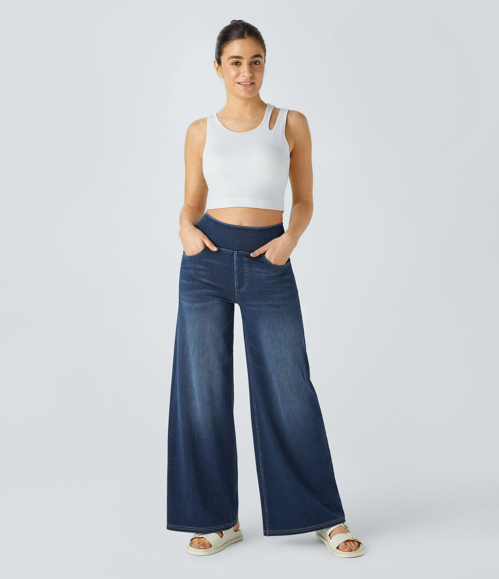 Halara Flex™ Jean Large Casual Taille Haute Poches Multiples Tricot Extensible Délavé