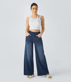 Halara Flex™ Jean Large Casual Taille Haute Poches Multiples Tricot Extensible Délavé