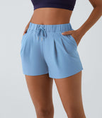 Short 7,5cm Casual à Taille Moyenne avec Ceinture Élastique Cordon de Serrage et Poches Latérales Ruchées