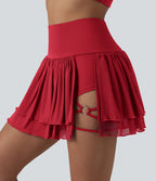Jupe de danse mini 2-en-1 en mesh respirant à volants et ourlet asymétrique taille haute avec poches