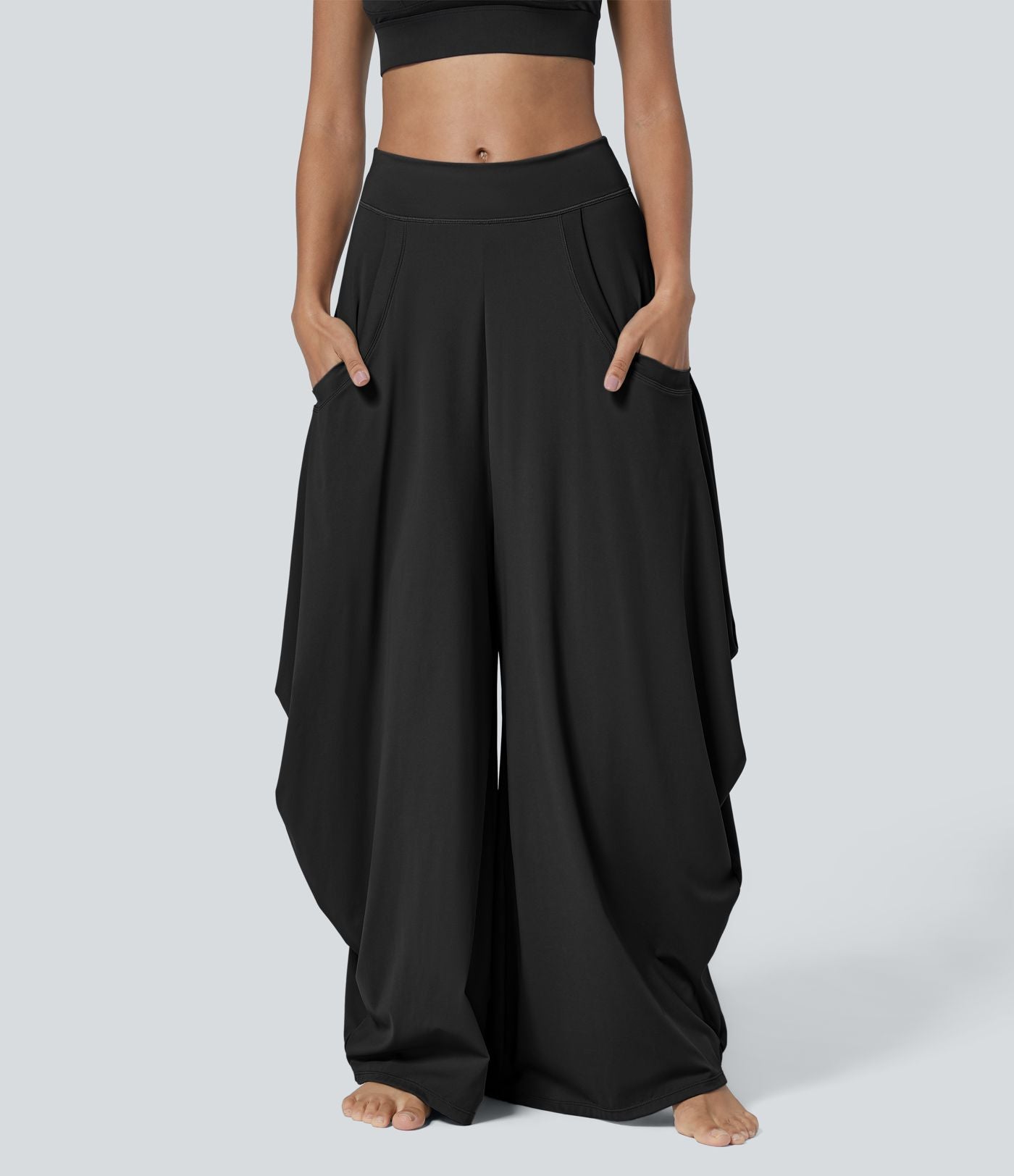 Pantalon décontracté drapé à poches multiples et taille moyenne, jambe large
