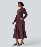 Robe de travail mi-longue col V manches longues liens dos avec poches