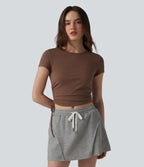 Halara T-shirt décontracté en jersey de coton à col rond, cordon de serrage, dos froncé et ouverture goutte