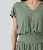 Robe mini décontractée 2-en-1 en maille côtelée mélange de lin, col V, manches courtes, coupe fluide