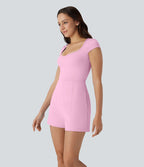 Combinaison de yoga Softlyzero™ Airy avec col U, manches courtes et poches latérales - Édition Easy Peasy