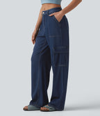 Jean droit cargo casual Halara Flex™ taille mi-haute en lyocell drapé délavé avec poches