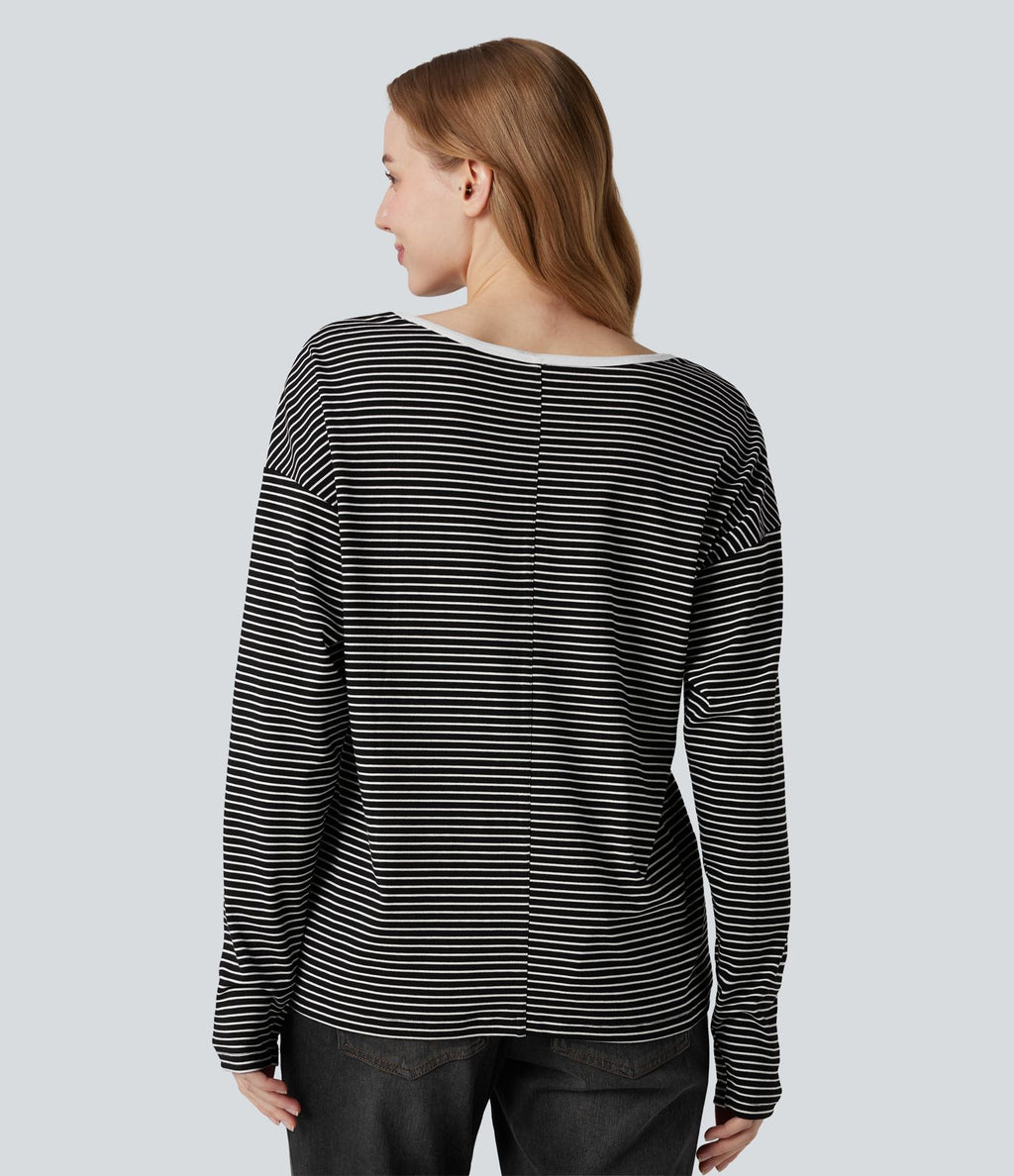 T-shirt rayé col V manches longues