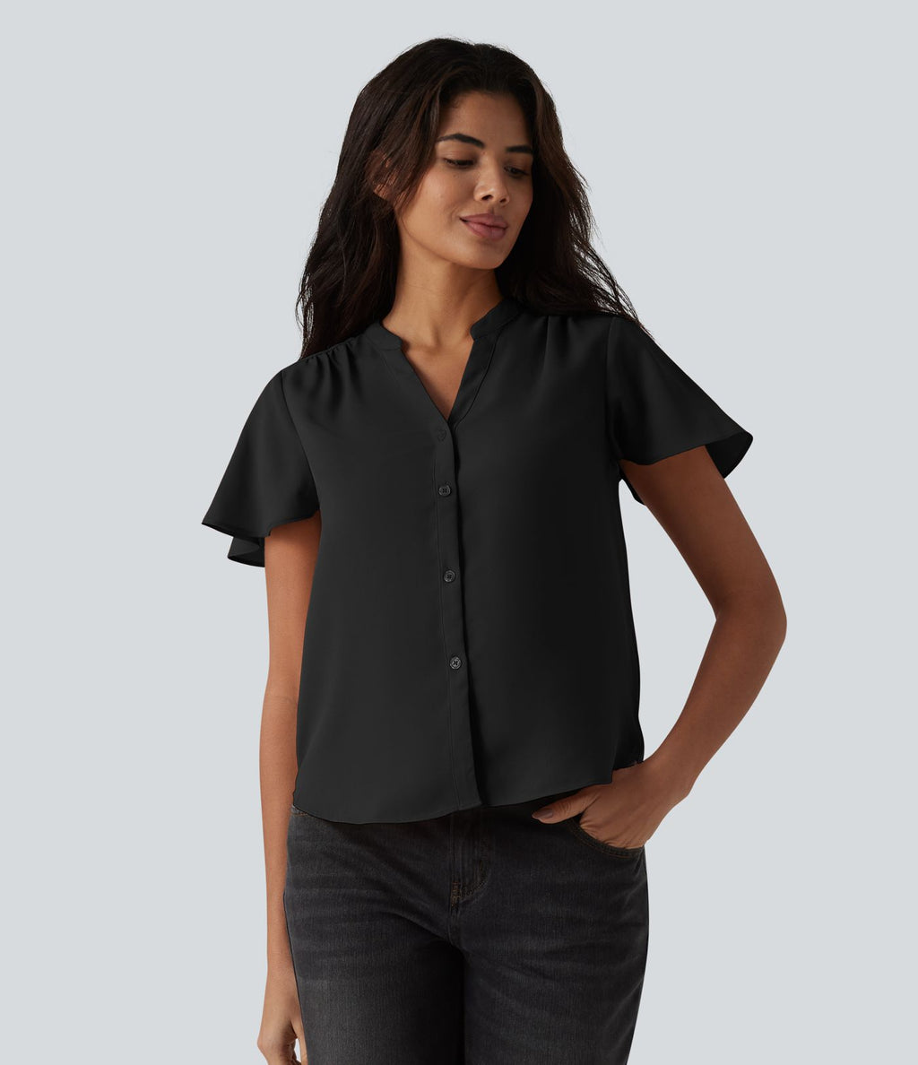 Blouse casual col V à manches volantées et ourlet arrondi