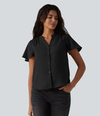 Blouse casual col V à manches volantées et ourlet arrondi