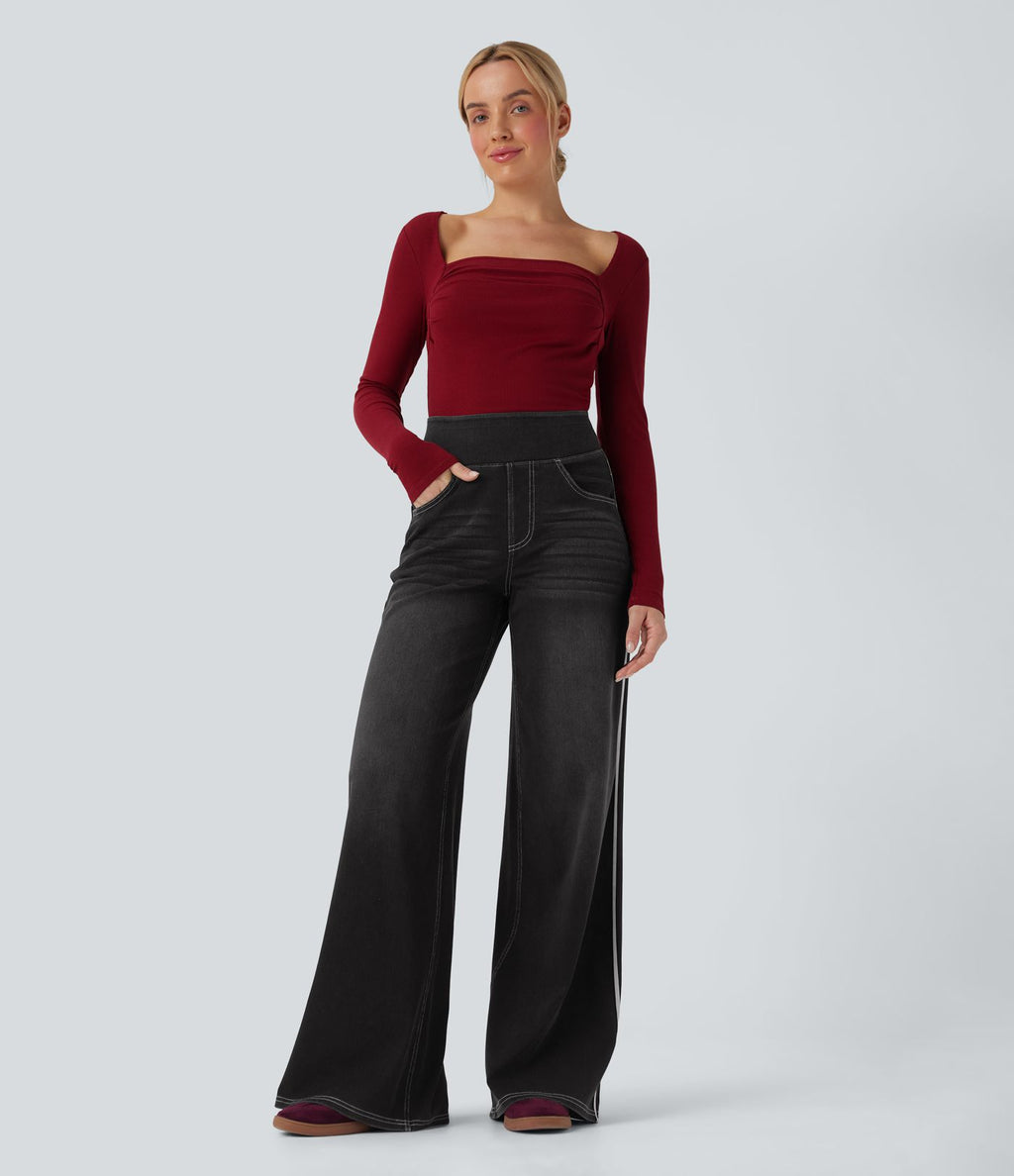 Halara Flex™ Jean large fluide délavé taille haute à rayures avec poches