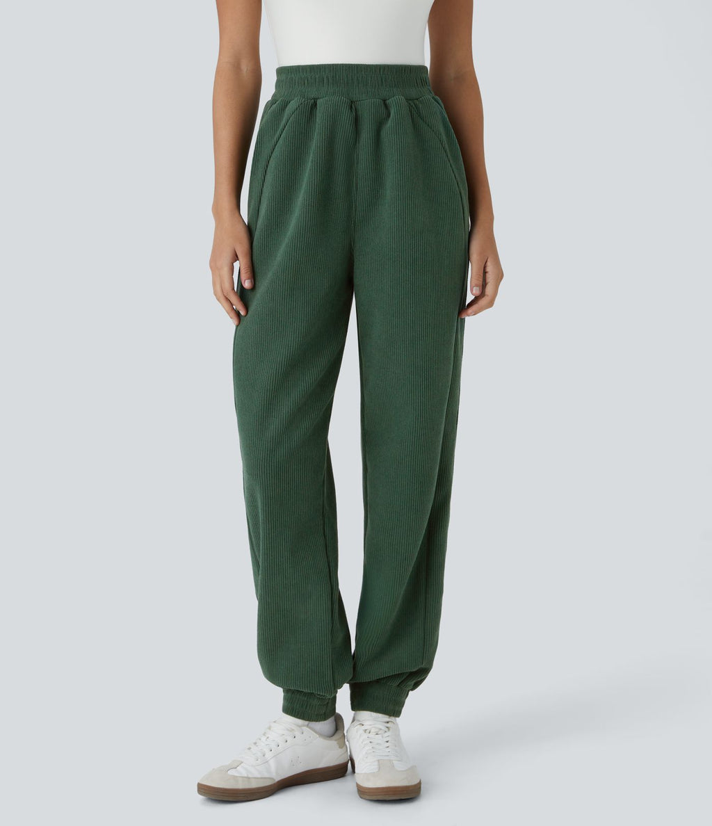 Pantalon de jogging décontracté en velours côtelé à taille haute avec poches latérales