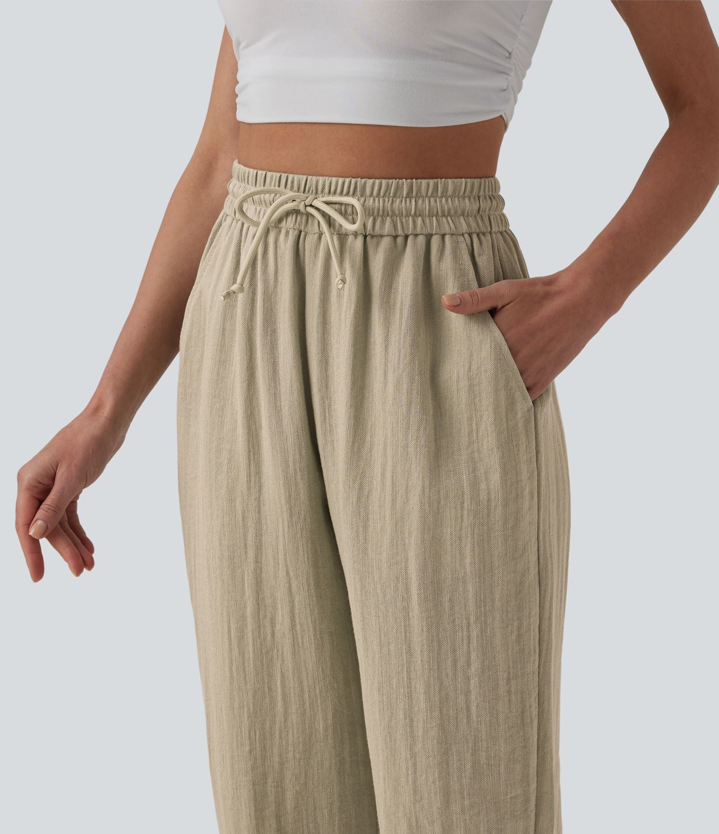 Jogging casual large ample taille haute aspect lin à cordon de serrage avec poches