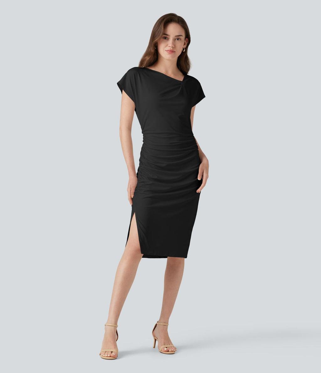 Robe habillée asymétrique col bénitier manches courtes froncée avec ourlet fendu