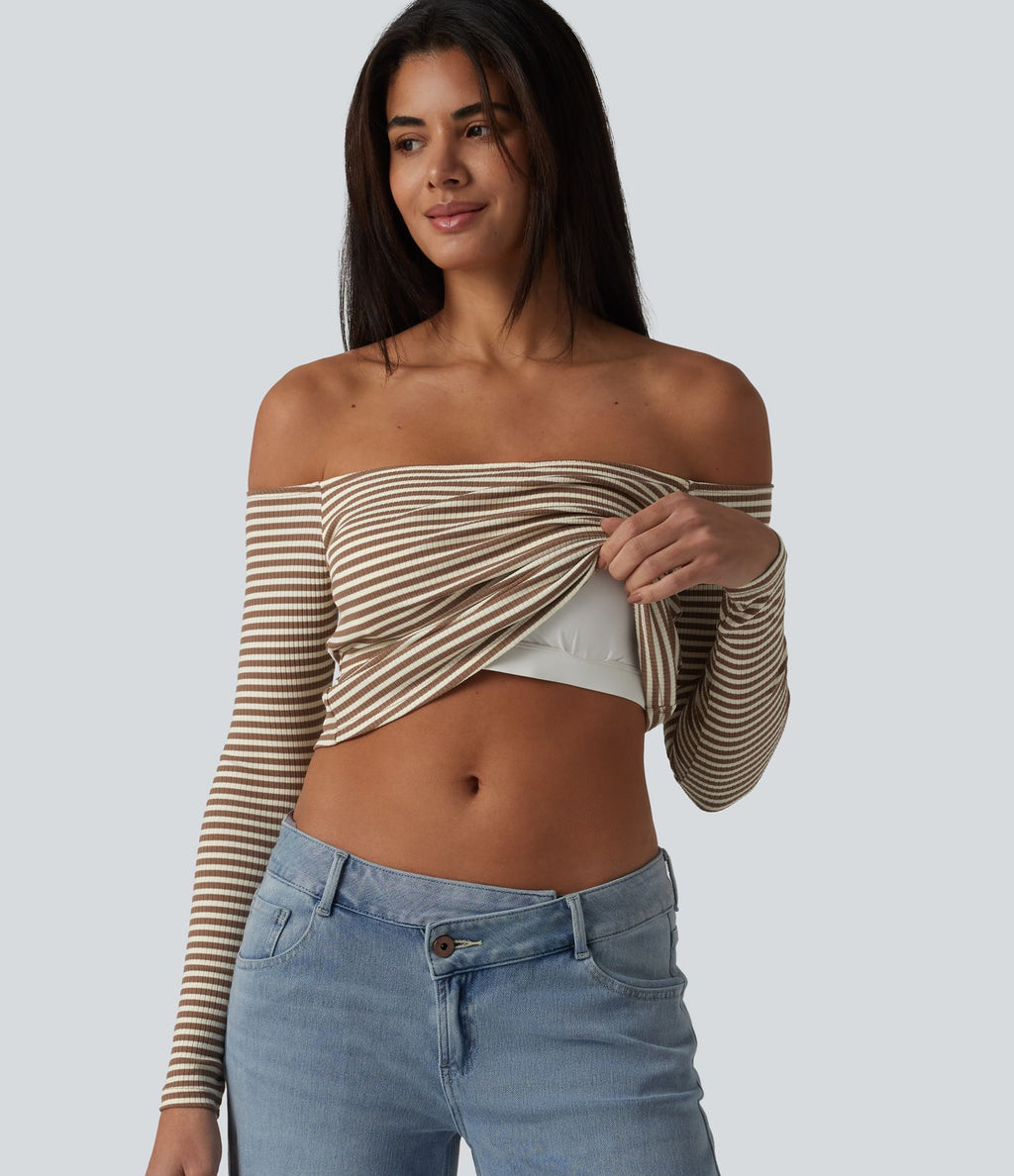 T-shirt casual rayé en maille côtelée à épaules dénudées, manches longues et soutien-gorge intégré
