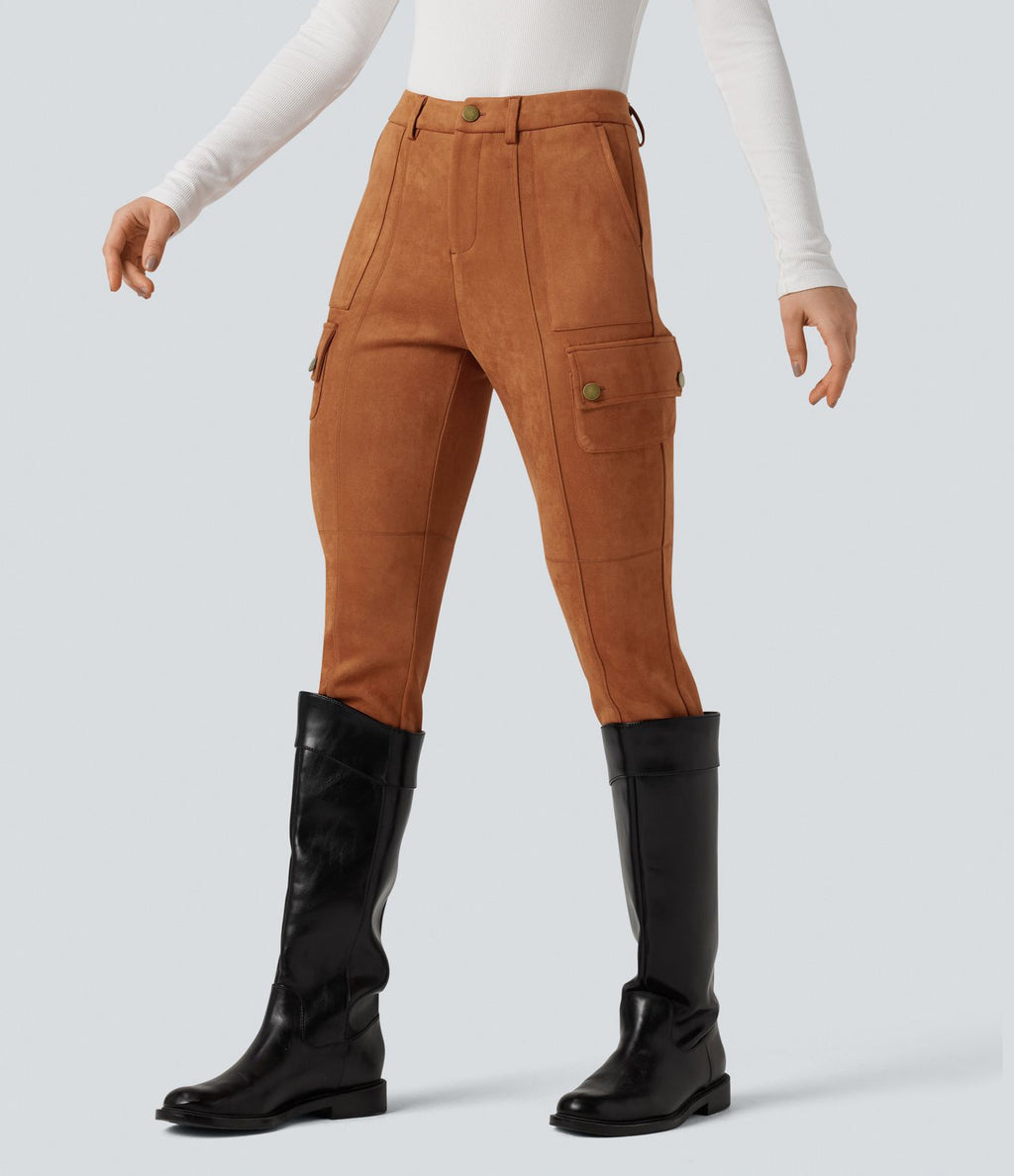 Pantalon cargo équestre en suède, taille haute, avec poches