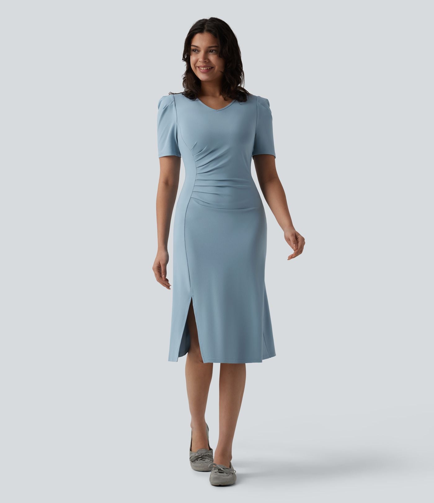 Robe midi casual col V manches courtes