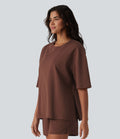 T-shirt décontracté en coton col rond manches mi-longues coupe ample à séchage rapide
