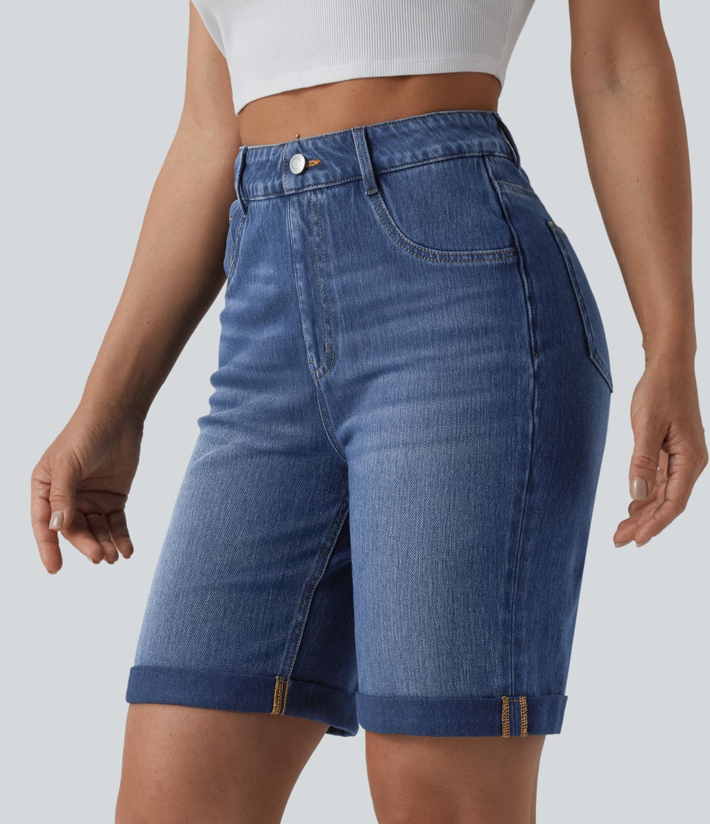 Short en jean Halara Flex™ taille haute gainant délavé à ourlet roulotté décontracté avec poches