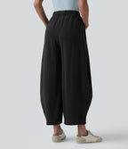 Pantalon décontracté effet lin jambes ballon taille haute avec cordon de serrage et poches