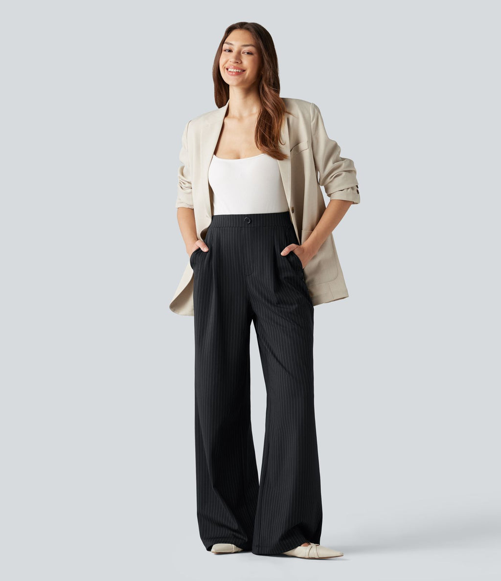 Pantalon tailleur large taille haute à rayures avec boutons décoratifs et poches