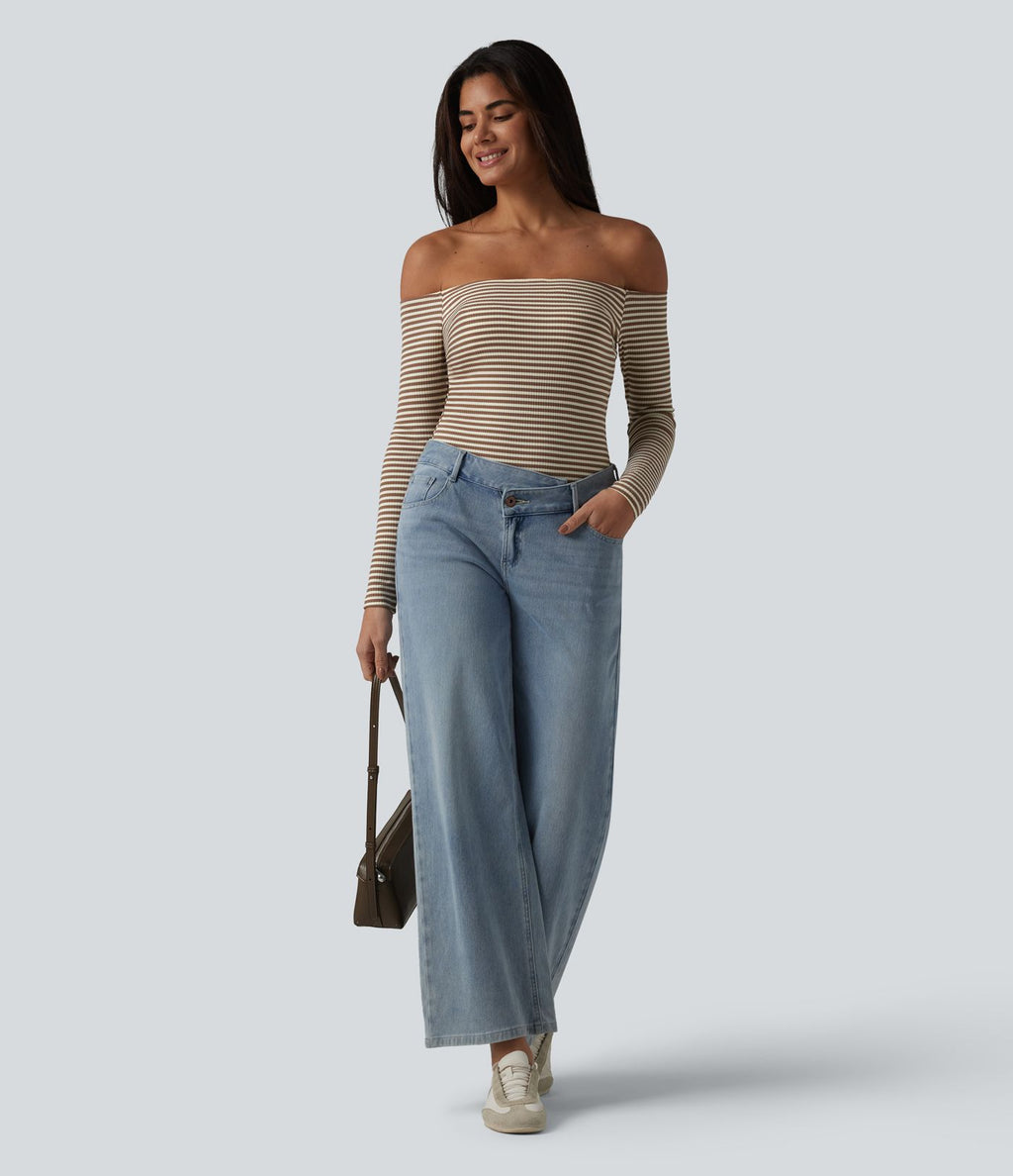 T-shirt casual rayé en maille côtelée à épaules dénudées, manches longues et soutien-gorge intégré