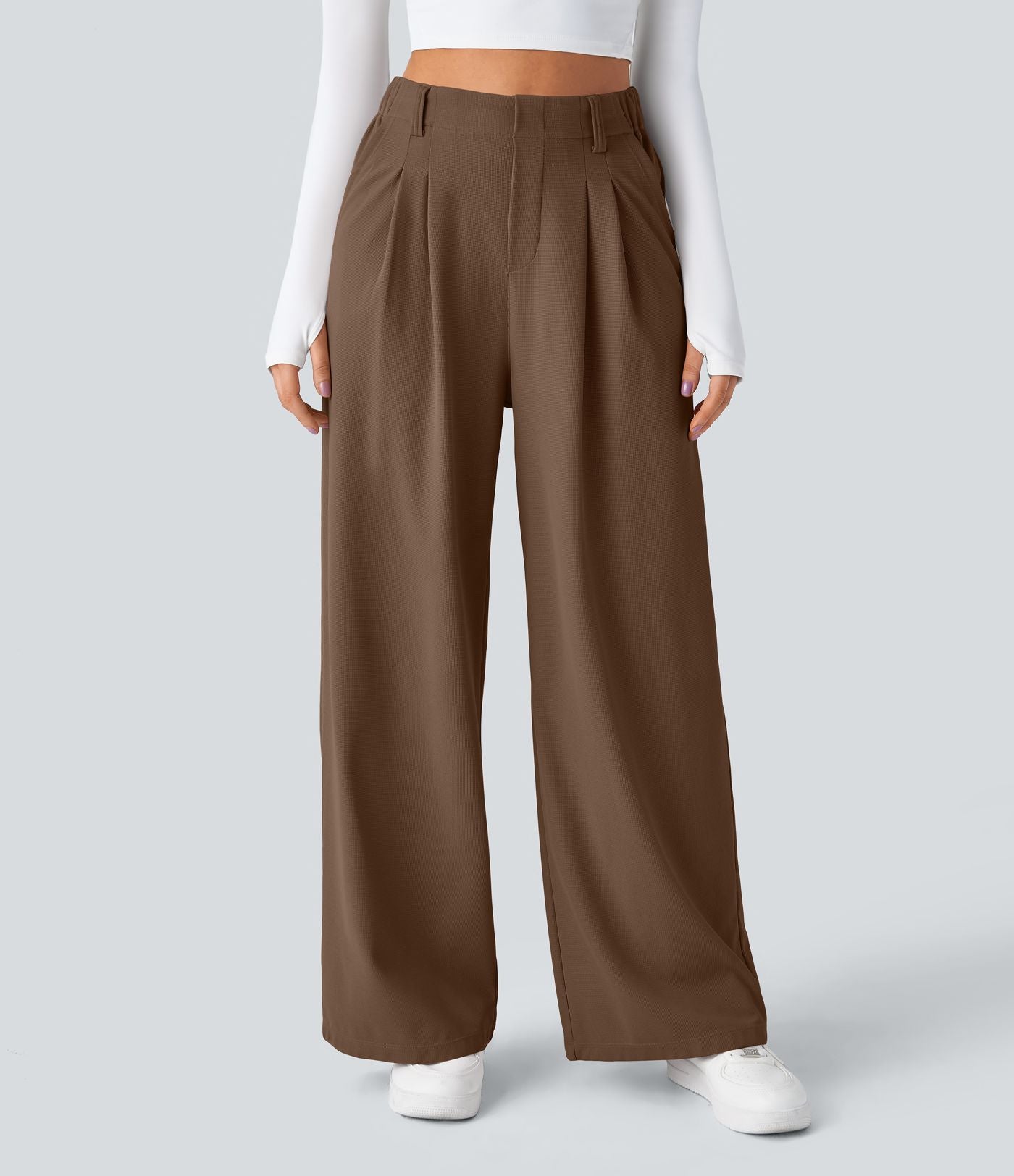 Halara Flex™ Pantalon Tailleur Large Fluide Gaufré Taille Haute Poches Latérales