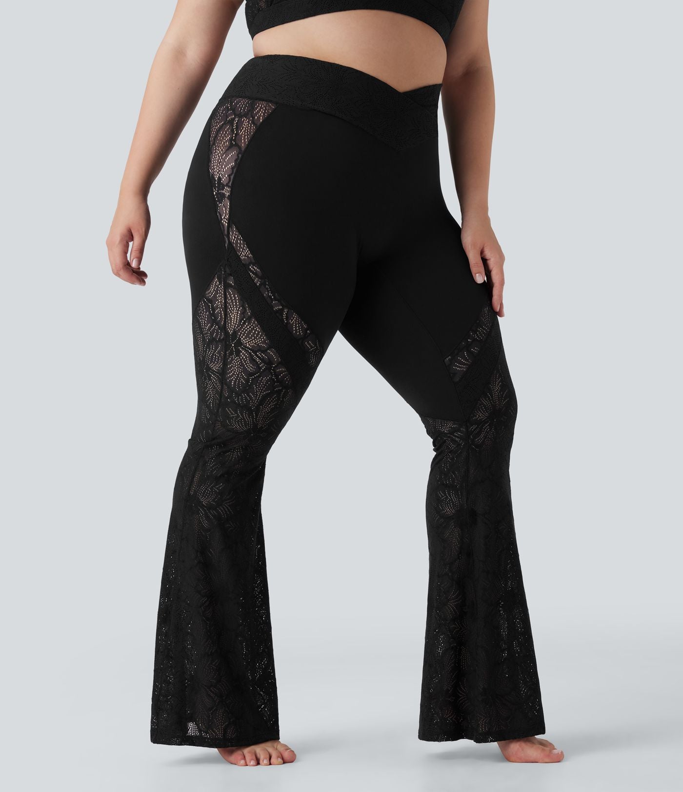 Pantalon de yoga évasé grande taille taille haute croisé dentelle contrastée Softlyzero™ avec poche
