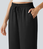 Pantalon large fluide décontracté taille haute à cordon de serrage en lyocell mélangé lin avec poches