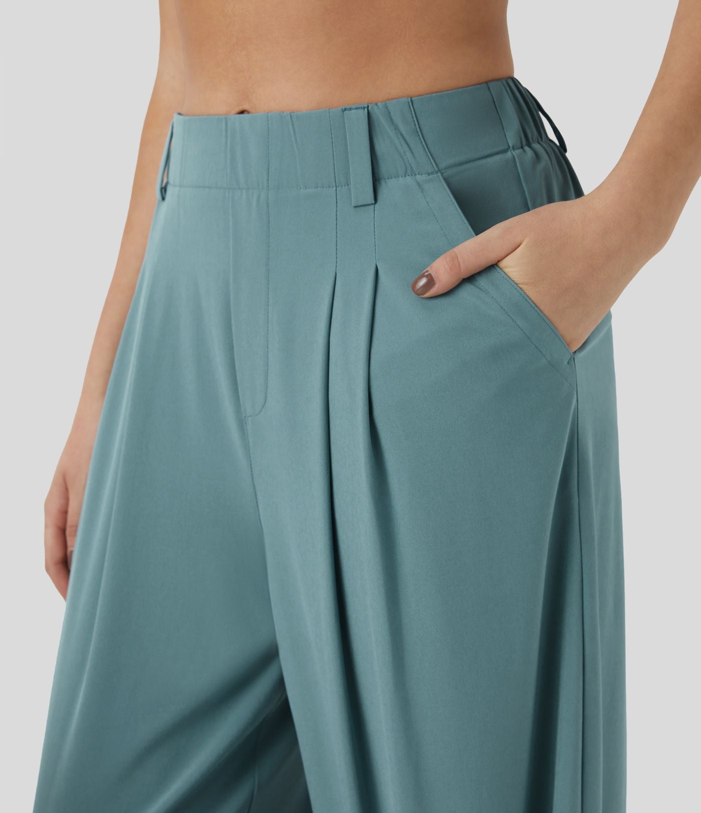 Breezeful™ Pantalon Large Fluide Taille Haute Poches Latérales Palazzo Solide Casual Linen-Feel