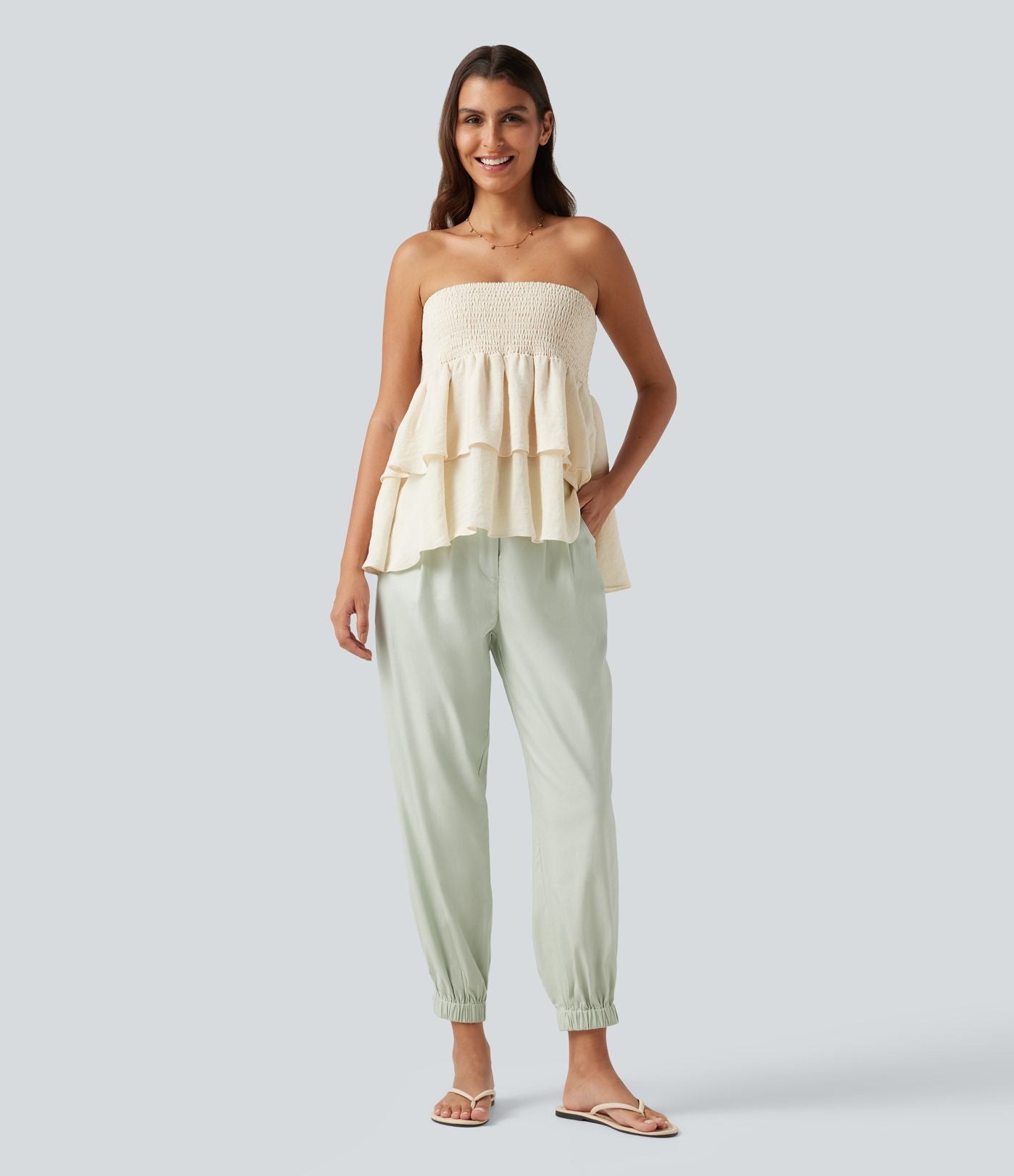 Pantalon jogging décontractée taille mi-haute en coton et lin avec poches