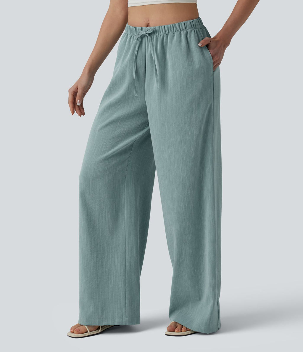 Pantalon large décontracté taille mi-haute avec cordon de serrage aspect lin avec poches