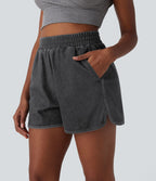Short en jean extensible délavé Halara Flex™ taille haute avec ourlet arrondi fendu effet frais InstantCool et poches