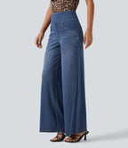 Halara Flex™ Jean large casual taille haute ventre plat, en lyocell drapé effet délavé, avec poches