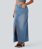 Halara Flex™ Jupe en Jean longue décontractée extensible délavé taille moyenne avec fente et multiples poches