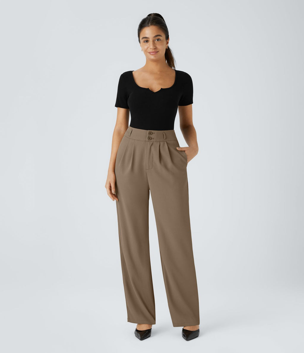 Pantalon de travail Halara Flex™ droit froncé avec poche zippée, taille haute