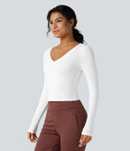 T-shirt tailleur côtelé court col V manches longues