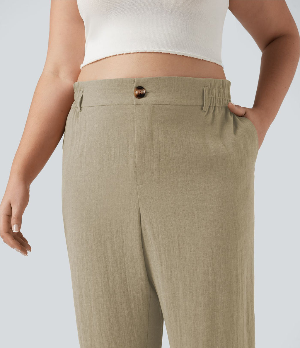 Pantalon de villégiature capri effet lin, grande taille, taille haute, avec poches