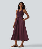 Robe casual mi-longue col U dos nu à bretelles croisées avec poches