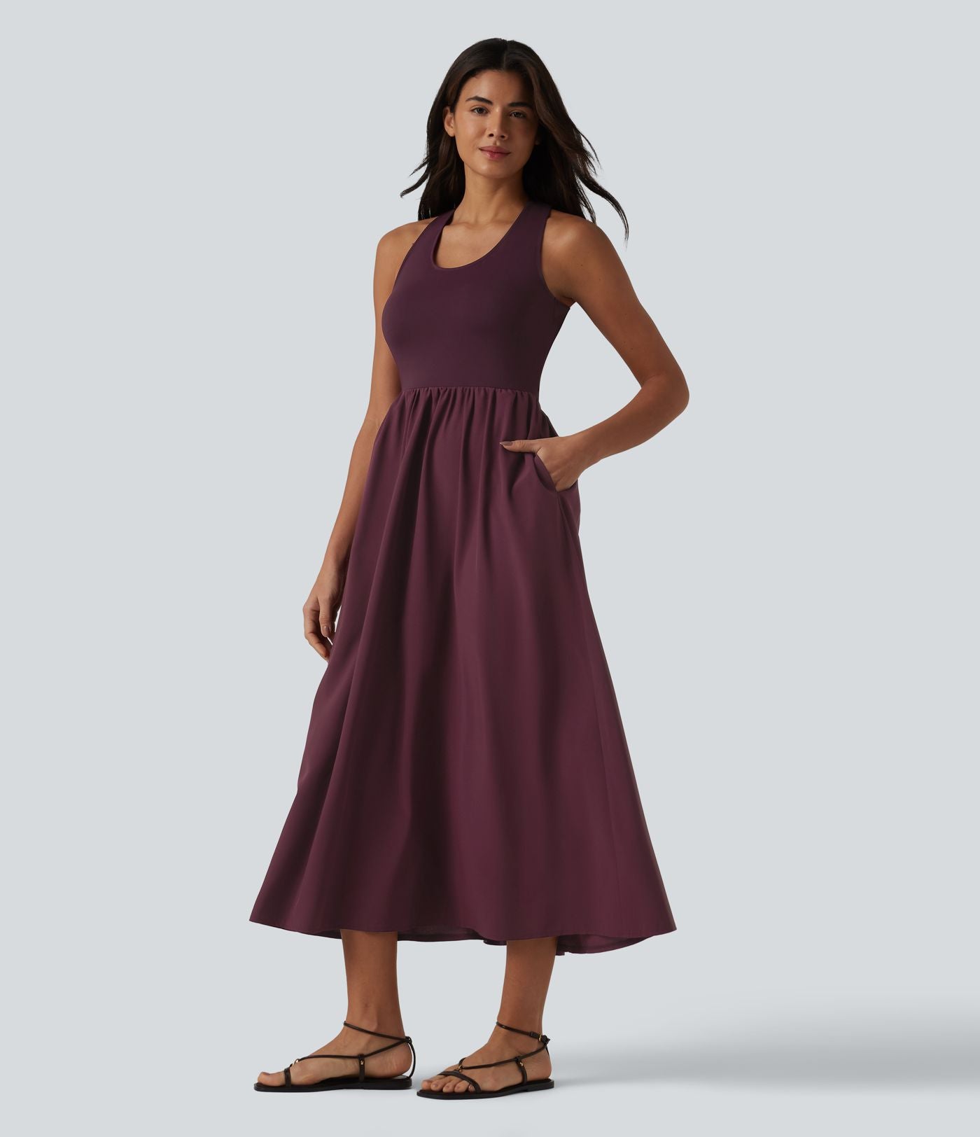 Robe casual mi-longue col U dos nu à bretelles croisées avec poches