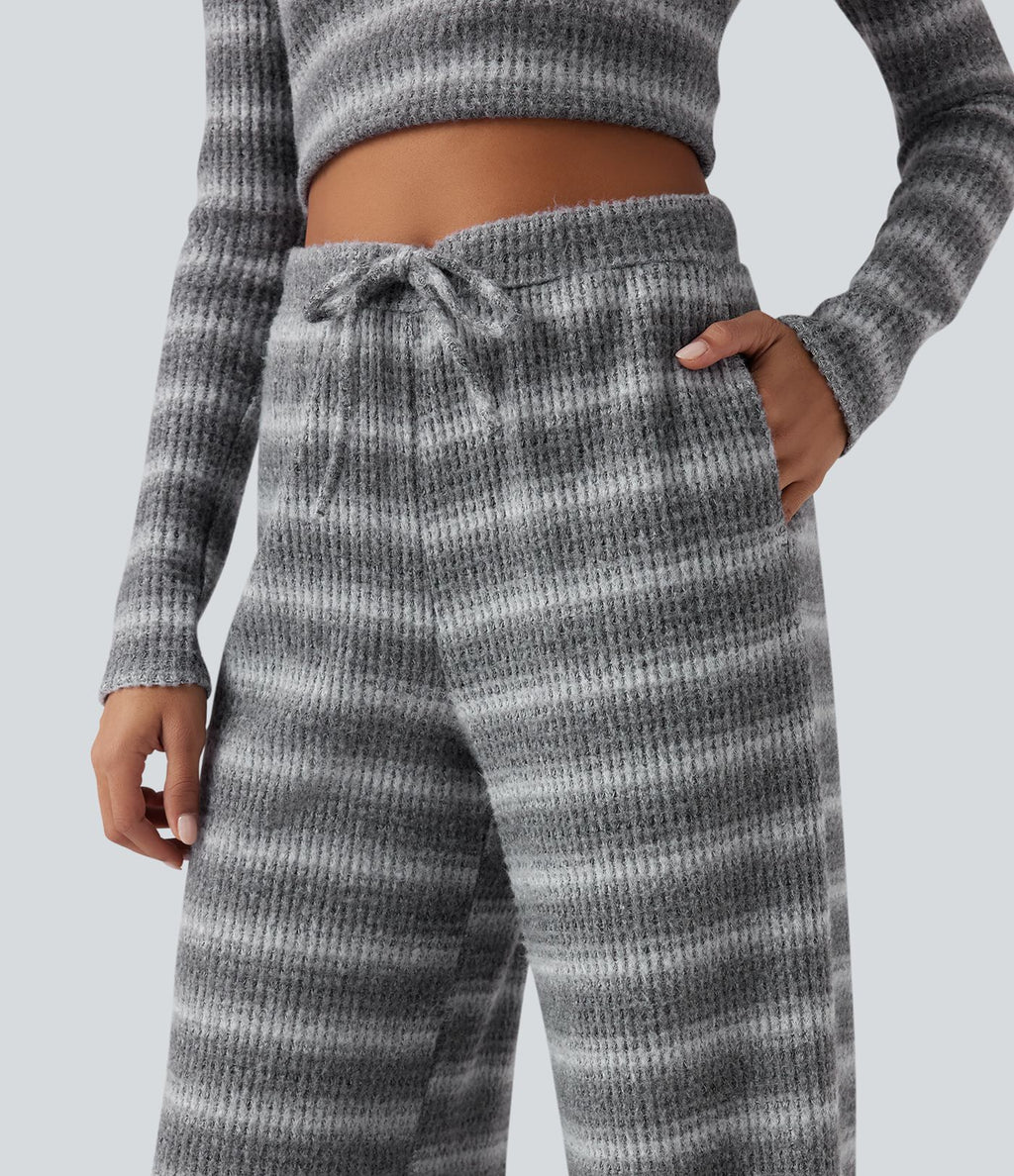 Pantalon large gaufré taille mi-haute avec cordon de serrage, rayures dégradées et poches