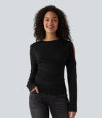 T-shirt décontracté en coton col rond manches longues découpes