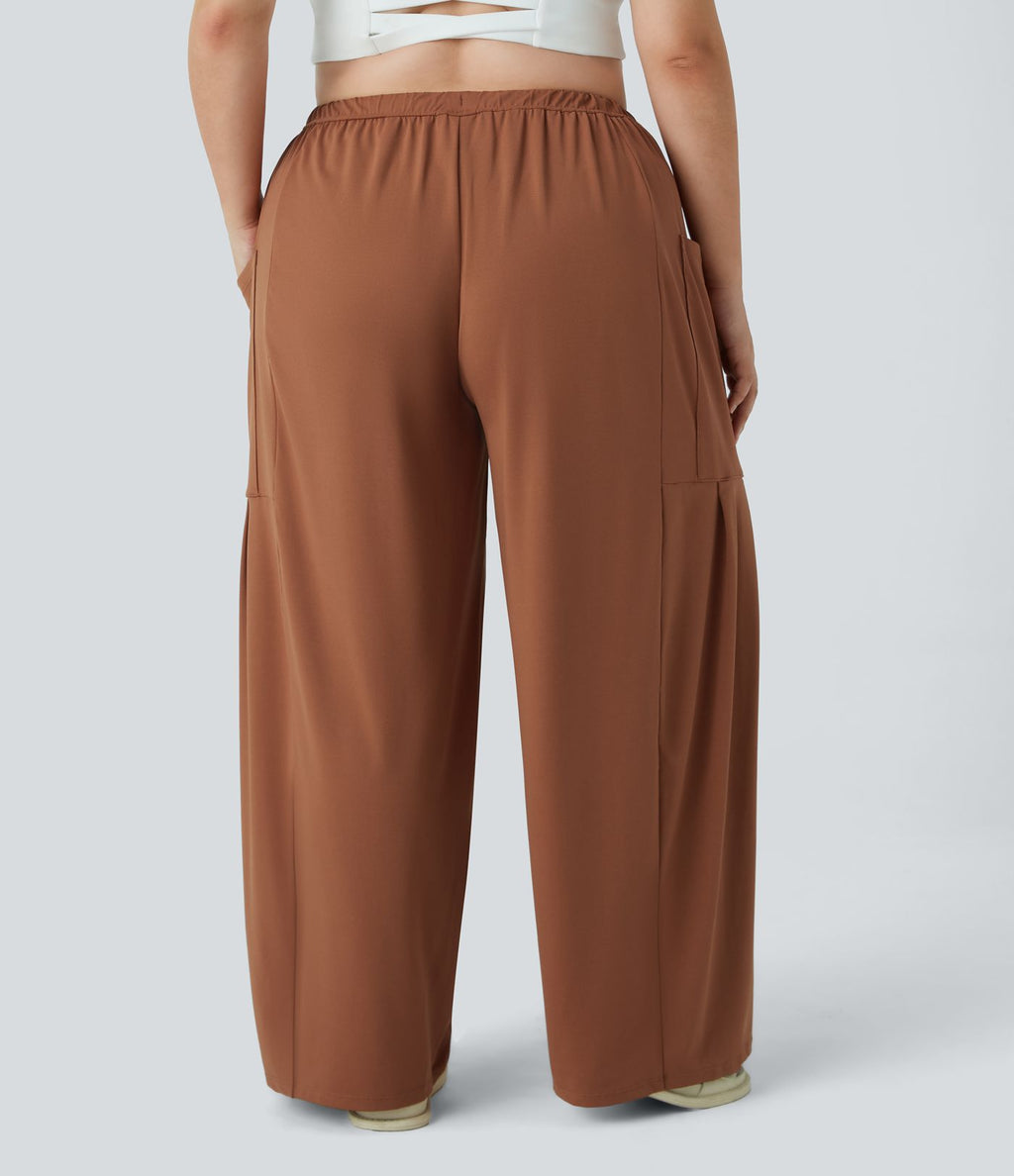 Pantalon Large Casual Taille Mi-Haute Taille Élastique Cordon Poches Latérales Ourlet Flottant Grande Taille